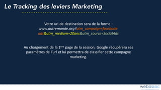 Le Tracking des leviers Marketing
Votre	url	de	destination	sera	de	la	forme	:
www.autremonde.org?utm_campaign=facebook-
ads&utm_medium=20ans&utm_source=SocialAds
Au	chargement	de	la	1ère page	de	la	session,	Google	récupérera	ses	
paramètres	de	l’url	et	lui	permettra	de	classifier	cette	campagne	
marketing.
 
