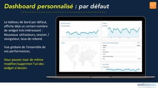 Dashboard personnalisé : par défaut
Le	tableau	de	bord	par	défaut,	
affiche	déjà	un	certain	nombre	
de	widget	très	intéressant	:
Nouveaux	utilisateurs,	session	/	
navigateur,	taux	de	rebond.
Vue	globale	de	l’ensemble	de	
vos	performances.
Vous	pouvez	tout	de	même	
modifier/supprimer	l’un	des	
widget	si	besoin.
 