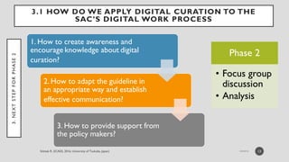 3.1 HOW DO WE APPLY DIGITAL CURATION TO THE
SAC’S DIGITAL WORK PROCESS
13
3.NEXTSTEPFORPHASE2
1. How to create awareness and
encourage knowledge about digital
curation?
2. How to adapt the guideline in
an appropriate way and establish
effective communication?
3. How to provide support from
the policy makers?
Phase 2
• Focus group
discussion
• Analysis
 