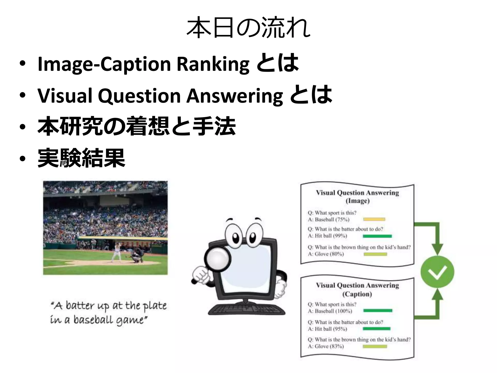 本日の流れ
• Image-Caption Ranking とは
• Visual Question Answering とは
• 本研究の着想と手法
• 実験結果
 