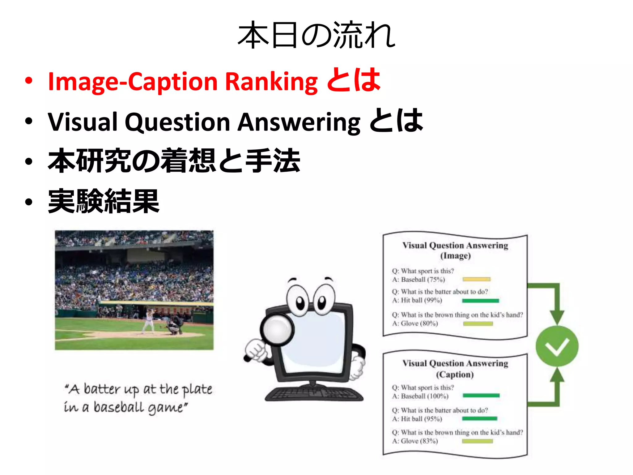 本日の流れ
• Image-Caption Ranking とは
• Visual Question Answering とは
• 本研究の着想と手法
• 実験結果
 