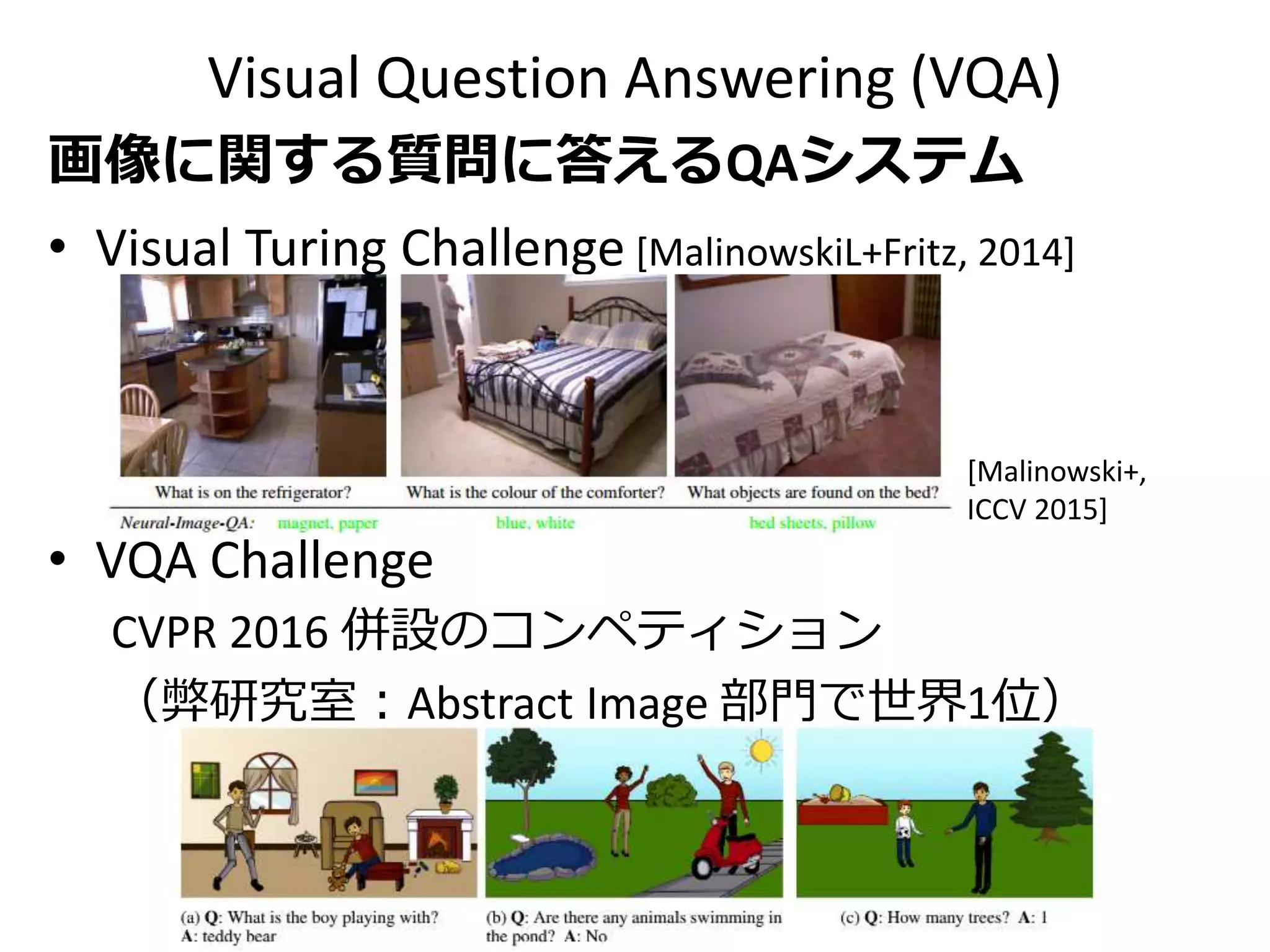 今日紹介する論文では…
VQA 原著論文のモデル [Antol+, ICCV 2015]を採用
VQA-Caption モデル
𝑧 𝐶 = tanh(𝑊𝐶 𝑥 𝐶 + 𝑏 𝐶) , 𝑧 𝑄 = tanh(𝑊𝑄 𝑥 𝑄 + 𝑏 𝑄)
𝑧 𝐶+𝑄 = 𝑧 𝐶⨀𝑧 𝑄 （⨀は要素積）
𝑠 𝐴 = 𝑊𝑆 𝑧 𝐶+𝑄 + 𝑏𝑆
𝑥 𝐶:最頻1000単語によるbag-of-wordsモデル 1000次元
𝑥 𝑄:隠れ層512次元のLSTMによるRNN2層の出力 2048次元
𝑧∗:表現ベクトル 1024次元
𝑊∗, 𝑏∗ :学習する線形変換とバイアス
 