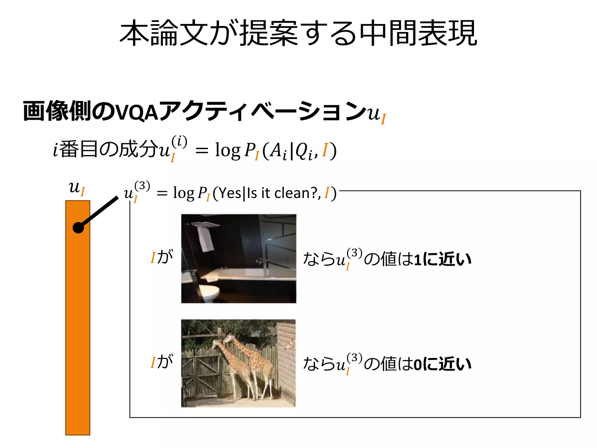 中間表現𝑢𝐼, 𝑢 𝐶を元の特徴と統合したい
• 𝑣𝐼 = ReLU 𝑊𝑢 𝐼
𝑢𝐼 + 𝑏 𝑣 𝐼
, 𝑣 𝐶 = ReLU 𝑊𝑢 𝐶
𝑢 𝐶 + 𝑏 𝑣 𝐶
• 𝑡𝐼 =
𝑊 𝐼 𝑥 𝐼
𝑊 𝐼 𝑥 𝐼 2
, 𝑡 𝐶 =
𝑥 𝐶
𝑥 𝐶 2
（再掲）
 