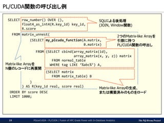 The PG-Strom Project
PL/CUDA関数の呼び出し例
PGconf.ASIA - PL/CUDA / Fusion of HPC Grade Power with In-Database Analytics19
SELECT row_number() OVER (),
float4_as_int4(R.key_id) key_id,
R.score
FROM matrix_unnest(
(SELECT my_plcuda_function(A.matrix,
B.matrix)
FROM (SELECT cbind(array_matrix(id),
array_matrix(x, y, z)) matrix
FROM normal_table
WHERE tag LIKE ‘%abc%’) A,
(SELECT matrix
FROM matrix_table) B
)
) AS R(key_id real, score real)
ORDER BY score DESC
LIMIT 1000;
2つのMatrix-like Arrayを
引数に持つ
PL/CUDA関数の呼出し
Matrix-like Arrayの生成、
または構築済みのものをロード
Matrix-like Arrayを
N個のレコードに再展開
SQLによる後処理
(JOIN, Window関数)
 