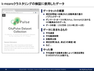 The PG-Strom Project
k-meansクラスタリングの検証に使用したデータ
PGconf.ASIA - PL/CUDA / Fusion of HPC Grade Power with In-Database Analytics35
▌データセットの概要
 測定区間毎に収集された自動車通行量の
パブリックデータ
 デンマーク・オーフス市(Arhus, Denmark)における
449観測点ののデータ。
 データ件数： 1350万件 （2014年2月～6月）
▌データに含まれるもの
 平均速度
 平均観測時間
 自動車台数
 測定区間（始点、終点）lの緯度・経
 など...
▌やった事
 平均速度や自動車台数によって測定区間を
５つのカテゴリに分割する。
 