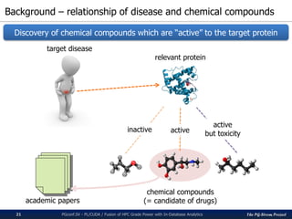 The PG-Strom Project
Background – relationship of disease and chemical compounds
PGconf.SV - PL/CUDA / Fusion of HPC Grade Power with In-Database Analytics21
target disease
relevant protein
chemical compounds
(= candidate of drugs)
Discovery of chemical compounds which are “active” to the target protein
inactive active
active
but toxicity
academic papers
 