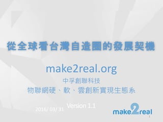 從全球看台灣自造圈的發展契機
make2real.org
中孚創聯科技
物聯網硬、軟、雲創新實現生態系
1
2016/ 03/ 31
Version1.1
 