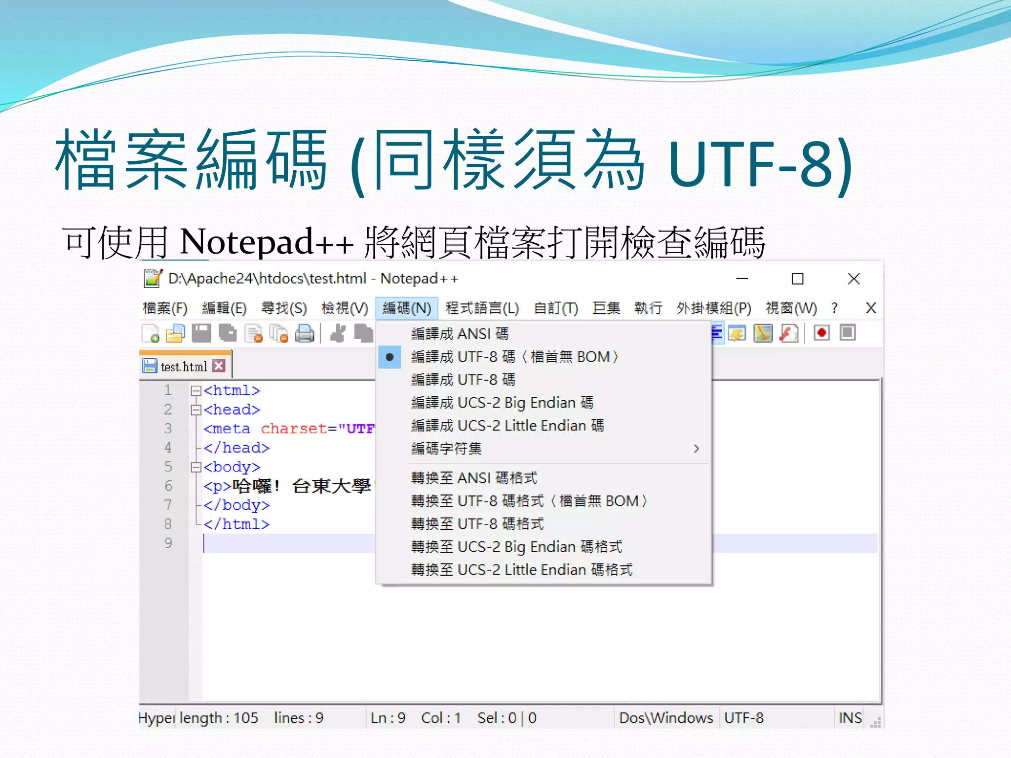 檔案編碼 (同樣須為 UTF-8)
可使用 Notepad++ 將網頁檔案打開檢查編碼
 