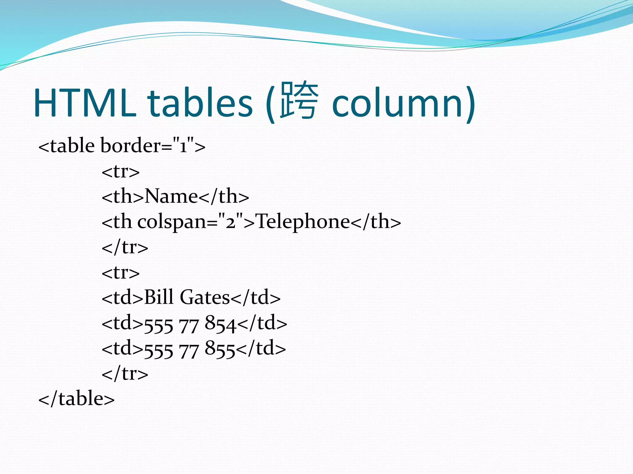 HTML tables (跨 column)
<table border="1">
<tr>
<th>Name</th>
<th colspan="2">Telephone</th>
</tr>
<tr>
<td>Bill Gates</td>
<td>555 77 854</td>
<td>555 77 855</td>
</tr>
</table>
 