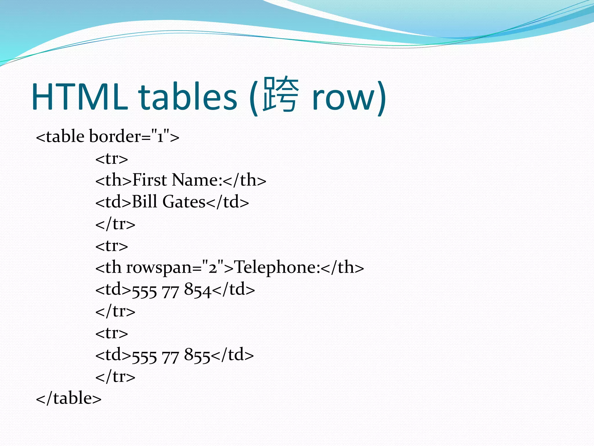 HTML tables (跨 row)
<table border="1">
<tr>
<th>First Name:</th>
<td>Bill Gates</td>
</tr>
<tr>
<th rowspan="2">Telephone:</th>
<td>555 77 854</td>
</tr>
<tr>
<td>555 77 855</td>
</tr>
</table>
 