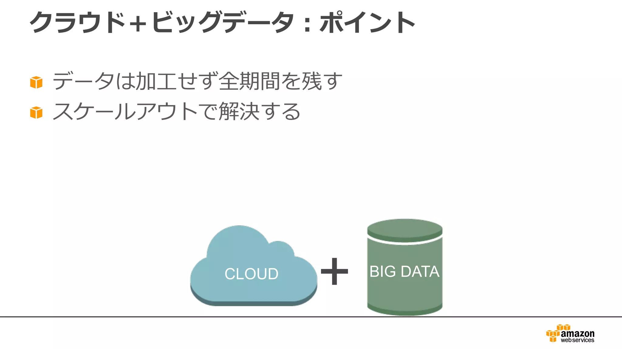 クラウド＋ビッグデータ：ポイント
データは加⼯せず全期間を残す
スケールアウトで解決する
CLOUD BIG DATA
+
 