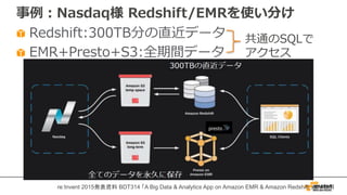 事例：Nasdaq様 Redshift/EMRを使い分け
Redshift:300TB分の直近データ
EMR+Presto+S3:全期間データ
共通のSQLで
アクセス
re:Invent 2015発表資料 BDT314 「A Big Data & Analytics App on Amazon EMR & Amazon Redshift 」より引用
 