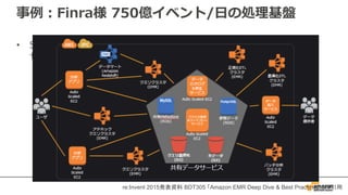 事例：Finra様 750億イベント/⽇の処理基盤
• S3をデータ共有サービスとして定義し、EMRやRedshiftからアク
セス
re:Invent 2015発表資料 BDT305 「Amazon EMR Deep Dive & Best Practices」より引用
 