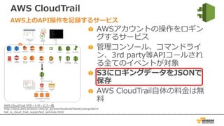 AWS CloudTrail
AWSアカウントの操作をロギン
グするサービス
管理コンソール、コマンドライ
ン、3rd party等APIコールされ
る全てのイベントが対象
S3にロギングデータをJSONで
保存
AWS CloudTrail⾃体の料⾦は無
料
AWS上のAPI操作を記録するサービス
AWS CloudTrail サポートサービス⼀覧
http://docs.aws.amazon.com/ja_jp/awscloudtrail/latest/userguide/w
hat_is_cloud_trail_supported_services.html
 
