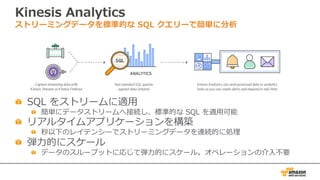 Kinesis Analytics
ストリーミングデータを標準的な SQL クエリーで簡単に分析
SQL をストリームに適⽤
簡単にデータストリームへ接続し、標準的な SQL を適⽤可能
リアルタイムアプリケーションを構築
秒以下のレイテンシーでストリーミングデータを連続的に処理
弾⼒的にスケール
データのスループットに応じて弾⼒的にスケール。オペレーションの介⼊不要
 