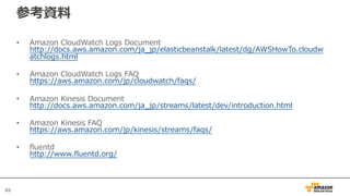 6565
参考資料
• Amazon CloudWatch Logs Document
http://docs.aws.amazon.com/ja_jp/elasticbeanstalk/latest/dg/AWSHowTo.cloudw
atchlogs.html
• Amazon CloudWatch Logs FAQ
https://aws.amazon.com/jp/cloudwatch/faqs/
• Amazon Kinesis Document
http://docs.aws.amazon.com/ja_jp/streams/latest/dev/introduction.html
• Amazon Kinesis FAQ
https://aws.amazon.com/jp/kinesis/streams/faqs/
• fluentd
http://www.fluentd.org/
 
