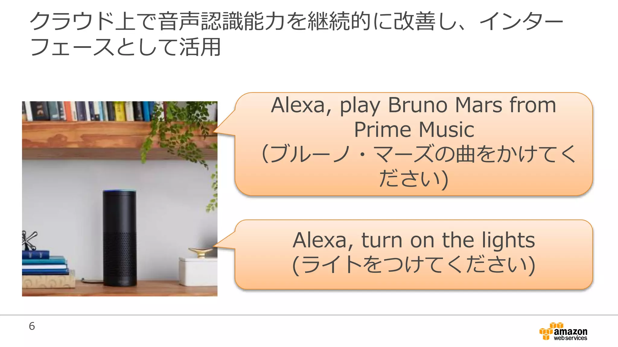 6
クラウド上で音声認識能力を継続的に改善し、インター
フェースとして活用
Alexa, play Bruno Mars from
Prime Music
（ブルーノ・マーズの曲をかけてく
ださい)
Alexa, turn on the lights
(ライトをつけてください)
 