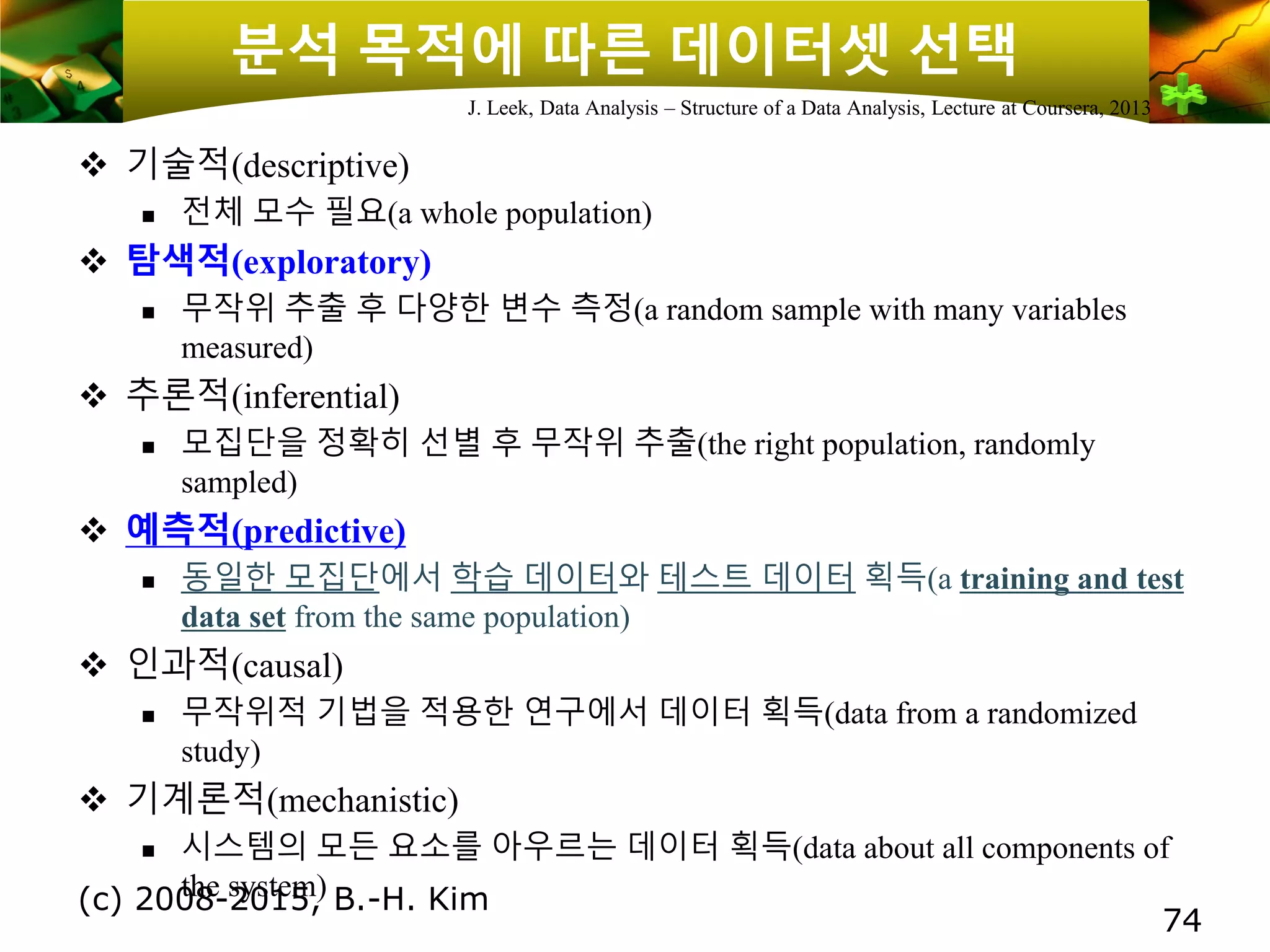 분석 목적에 따른 데이터셋 선택
❖ 기술적(descriptive)
 전체 모수 필요(a whole population)
❖ 탐색적(exploratory)
 무작위 추출 후 다양한 변수 측정(a random sample with many variables
measured)
❖ 추론적(inferential)
 모집단을 정확히 선별 후 무작위 추출(the right population, randomly
sampled)
❖ 예측적(predictive)
 동일한 모집단에서 학습 데이터와 테스트 데이터 획득(a training and test
data set from the same population)
❖ 인과적(causal)
 무작위적 기법을 적용한 연구에서 데이터 획득(data from a randomized
study)
❖ 기계론적(mechanistic)
 시스템의 모든 요소를 아우르는 데이터 획득(data about all components of
the system)(c) 2008-2015, B.-H. Kim
74
J. Leek, Data Analysis – Structure of a Data Analysis, Lecture at Coursera, 2013
 