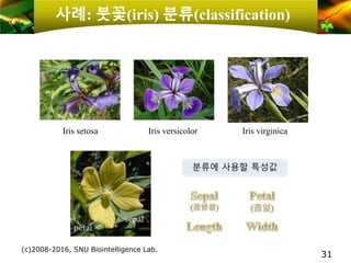 사례: 붓꽃(iris) 분류(classification)
(c)2008-2016, SNU Biointelligence Lab.
31
Iris virginicaIris versicolorIris setosa
분류에 사용할 특성값
 