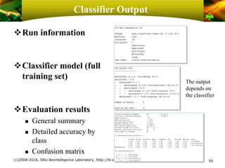 Classifier Output
❖Run information
❖Classifier model (full
training set)
❖Evaluation results
 General summary
 Detailed accuracy by
class
 Confusion matrix
(c)2008-2016, SNU Biointelligence Laboratory, http://bi.snu.ac.kr 50
The output
depends on
the classifier
 