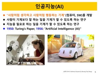 인공지능(AI)
 “사람처럼 생각하고 사람처럼 행동하는 기계”(컴퓨터, SW)를 개발
 사람이 기계보다 잘 하는 일을 기계가 할 수 있도록 하는 연구
 지능을 필요로 하는 일을 기계가 할 수 있도록 하는 연구
 1950: Turing’s Paper, 1956: “Artificial Intelligence (AI)”
6(KIPS 2016 Conference Keynote by Byoung-Tak Zhang)
 