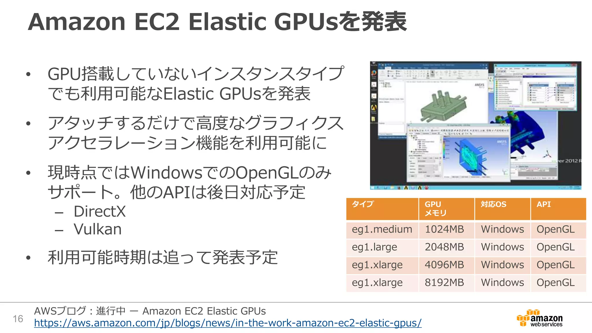 Amazon EC2 Elastic GPUsを発表
• GPU搭載していないインスタンスタイプ
でも利用可能なElastic GPUsを発表
• アタッチするだけで高度なグラフィクス
アクセラレーション機能を利用可能に
• 現時点ではWindowsでのOpenGLのみ
サポート。他のAPIは後日対応予定
– DirectX
– Vulkan
• 利用可能時期は追って発表予定
タイプ GPU
メモリ
対応OS API
eg1.medium 1024MB Windows OpenGL
eg1.large 2048MB Windows OpenGL
eg1.xlarge 4096MB Windows OpenGL
eg1.xlarge 8192MB Windows OpenGL
16
AWSブログ：進行中 ー Amazon EC2 Elastic GPUs
https://aws.amazon.com/jp/blogs/news/in-the-work-amazon-ec2-elastic-gpus/
 