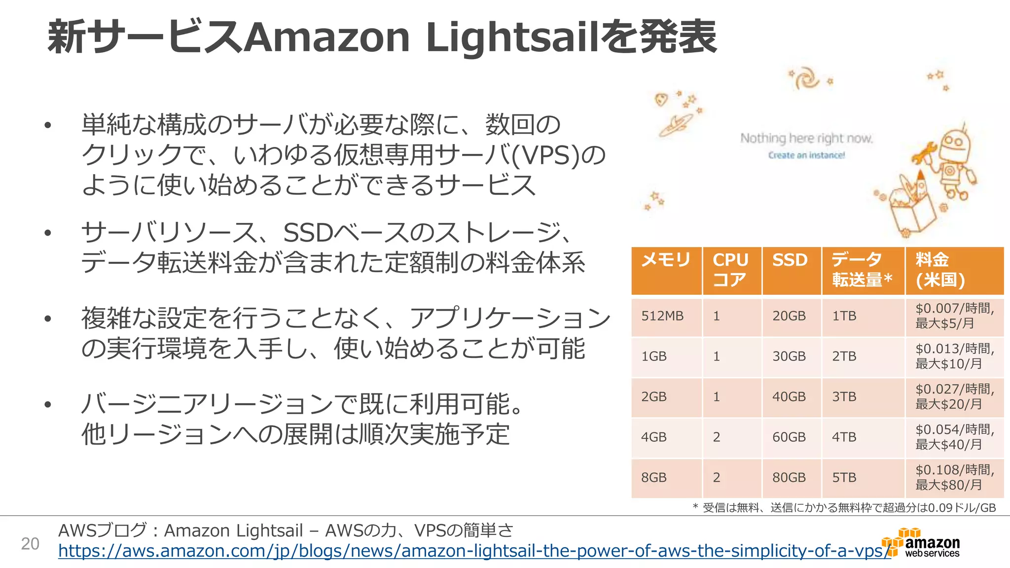 新サービスAmazon Lightsailを発表
• 単純な構成のサーバが必要な際に、数回の
クリックで、いわゆる仮想専用サーバ(VPS)の
ように使い始めることができるサービス
• サーバリソース、SSDベースのストレージ、
データ転送料金が含まれた定額制の料金体系
• 複雑な設定を行うことなく、アプリケーション
の実行環境を入手し、使い始めることが可能
• バージニアリージョンで既に利用可能。
他リージョンへの展開は順次実施予定
メモリ CPU
コア
SSD データ
転送量*
料金
(米国)
512MB 1 20GB 1TB
$0.007/時間,
最大$5/月
1GB 1 30GB 2TB
$0.013/時間,
最大$10/月
2GB 1 40GB 3TB
$0.027/時間,
最大$20/月
4GB 2 60GB 4TB
$0.054/時間,
最大$40/月
8GB 2 80GB 5TB
$0.108/時間,
最大$80/月
20
AWSブログ：Amazon Lightsail – AWSの力、VPSの簡単さ
https://aws.amazon.com/jp/blogs/news/amazon-lightsail-the-power-of-aws-the-simplicity-of-a-vps/
* 受信は無料、送信にかかる無料枠で超過分は0.09ドル/GB
 