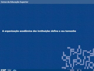 Censo da Educação Superior
A organização acadêmica das instituições define o seu tamanho
 
