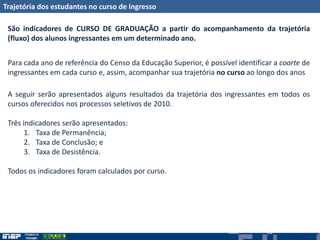 São indicadores de CURSO DE GRADUAÇÃO a partir do acompanhamento da trajetória
(fluxo) dos alunos ingressantes em um determinado ano.
Para cada ano de referência do Censo da Educação Superior, é possível identificar a coorte de
ingressantes em cada curso e, assim, acompanhar sua trajetória no curso ao longo dos anos
A seguir serão apresentados alguns resultados da trajetória dos ingressantes em todos os
cursos oferecidos nos processos seletivos de 2010.
Três indicadores serão apresentados:
1. Taxa de Permanência;
2. Taxa de Conclusão; e
3. Taxa de Desistência.
Todos os indicadores foram calculados por curso.
Trajetória dos estudantes no curso de ingresso
 