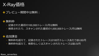 #aws_serverless
X-Ray価格
✤ プレビュー期間中は無料：
✤ 無料枠
⎻ 記録された最初の100,000トレース/⽉は無料
⎻ 検索されたり、スキャンされた最初の1,000,000トレース/⽉は無料
✤ 追加課⾦
⎻ 無料枠を超えて、記録されたトレースは100万トレースあたり$5.00/⽉
⎻ 無料枠を超えて、検索もしくはスキャンされたトレースは$0.5/⽉
 