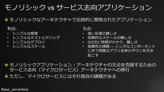 #aws_serverless
モノリシック vs サービス志向アプリケーション
✤ モノリシックなアーキテクチャで伝統的に開発されたアプリケーション
✤ モノリシックアプリケーション・アーキテクチャの⽋点を克服するための
サービス志向（マイクロサービス）アーキテクチャへの移⾏
✤ ただし、マイクロサービスにはそれ独⾃の課題がある
利点:
• シンプルな開発
• シンプルなテストとデバッグ
• シンプルなデプロイ
• シンプルなスケール
⽋点:
• 速い反復の難しさ
• 効果的なスケールの難しさ
• CI/CDに時間がかかり、難しさ
• 信頼性の課題 — シングルコンポーネント
に伴う問題はアプリ全体のダウンを引き
起こす
 
