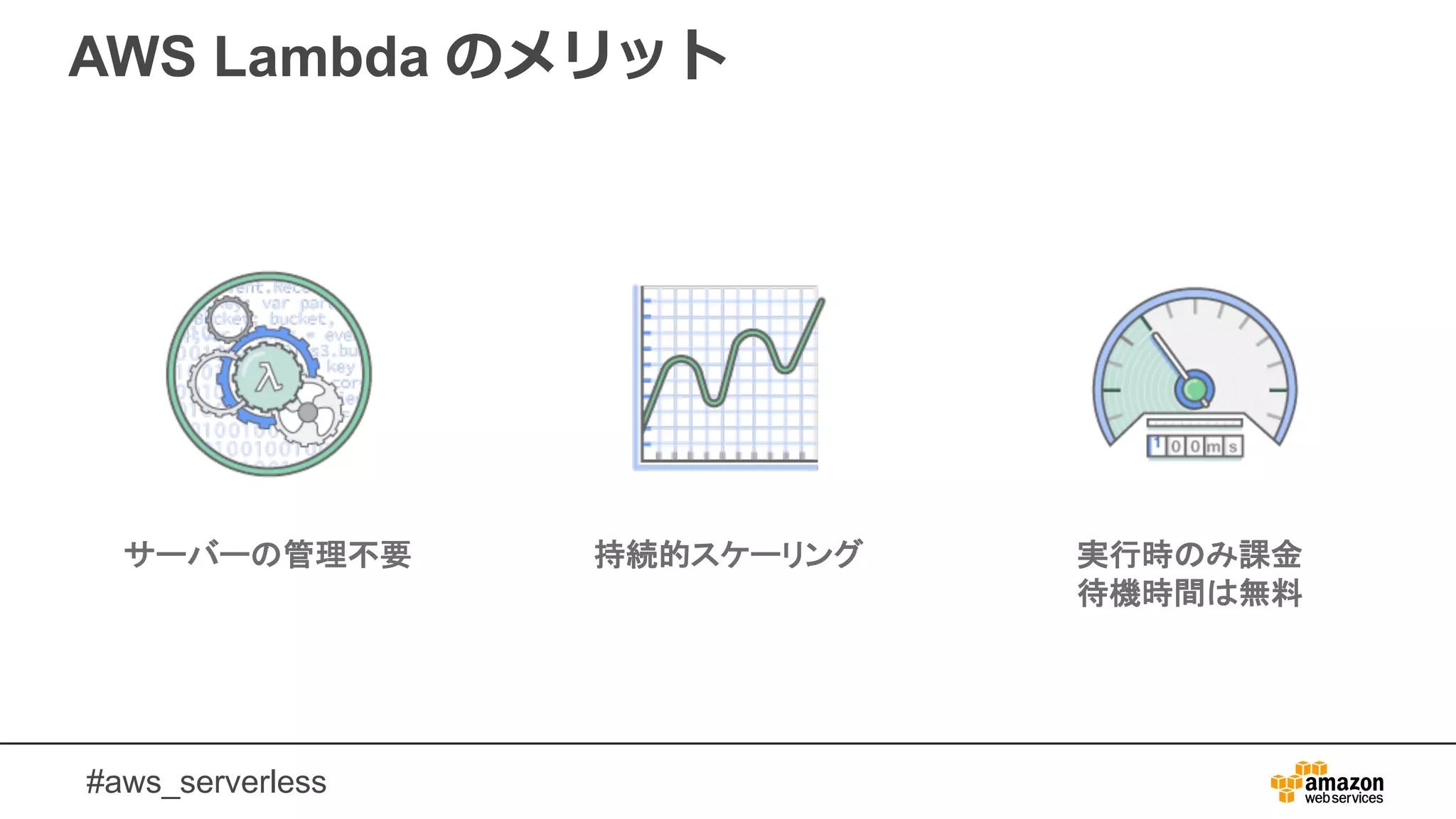 #aws_serverless
持続的スケーリングサーバーの管理不要 実行時のみ課金
待機時間は無料
AWS Lambda のメリット
 