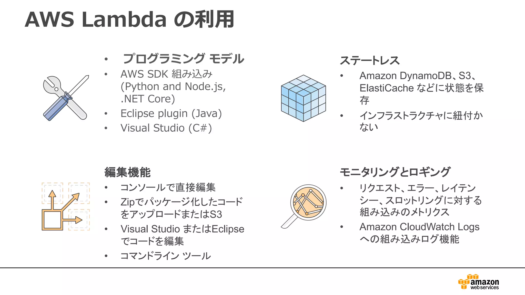 AWS Lambda の利用
• プログラミング モデル
• AWS SDK 組み込み
(Python and Node.js,
.NET Core)
• Eclipse plugin (Java)
• Visual Studio (C#)
ステートレス
• Amazon DynamoDB、S3、
ElastiCache などに状態を保
存
• インフラストラクチャに紐付か
ない
編集機能
• コンソールで直接編集
• Zipでパッケージ化したコード
をアップロードまたはS3
• Visual Studio またはEclipse
でコードを編集
• コマンドライン ツール
モニタリングとロギング
• リクエスト、エラー、レイテン
シー、スロットリングに対する
組み込みのメトリクス
• Amazon CloudWatch Logs
への組み込みログ機能
 