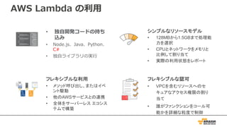AWS Lambda の利用
• 独自開発コードの持ち
込み
• Node.js、Java、Python、
C#
• 独自ライブラリの実行
シンプルなリソースモデル
• 128MBから1.5GBまで処理能
力を選択
• CPUとネットワークをメモリと
比例して割り当て
• 実際の利用状態をレポート
フレキシブルな認可
• VPCを含むリソースへのセ
キュアなアクセス権限の割り
当て
• 誰がファンクションをコール可
能かを詳細な粒度で制御
フレキシブルな利用
• メソッド呼び出し、またはイベ
ント駆動
• 他のAWSサービスとの連携
• 全体をサーバーレス エコシス
テムで構築
 