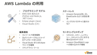 AWS Lambda の利用
• プログラミング モデル
• AWS SDK 組み込み
(Python and Node.js,
.NET Core)
• Eclipse plugin (Java)
• Visual Studio (C#)
ステートレス
• Amazon DynamoDB、S3、
ElastiCache などに状態を保
存
• インフラストラクチャに紐付か
ない
編集機能
• コンソールで直接編集
• Zipでパッケージ化したコード
をアップロードまたはS3
• Visual Studio またはEclipse
でコードを編集
• コマンドライン ツール
モニタリングとロギング
• リクエスト、エラー、レイテン
シー、スロットリングに対する
組み込みのメトリクス
• Amazon CloudWatch Logs
への組み込みログ機能
 
