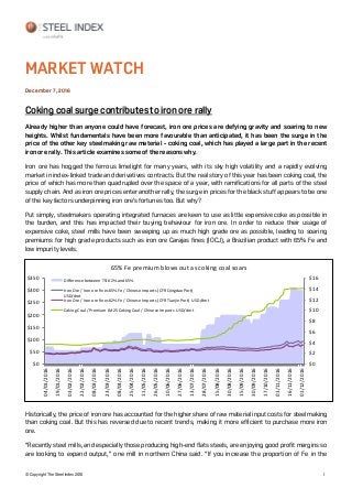 © Copyright The Steel Index 2016 1
MARKET WATCH
December 7, 2016
Coking coal surge contributes to iron ore rally
Already higher than anyone could have forecast, iron ore prices are defying gravity and soaring to new
heights. Whilst fundamentals have been more favourable than anticipated, it has been the surge in the
price of the other key steelmaking raw material - coking coal, which has played a large part in the recent
iron ore rally. This article examines some of the reasons why.
Iron ore has hogged the ferrous limelight for many years, with its sky high volatility and a rapidly evolving
market in index-linked trade and derivatives contracts. But the real story of this year has been coking coal, the
price of which has more than quadrupled over the space of a year, with ramifications for all parts of the steel
supply chain. And as iron ore prices enter another rally, the surge in prices for the black stuff appears to be one
of the key factors underpinning iron ore’s fortunes too. But why?
Put simply, steelmakers operating integrated furnaces are keen to use as little expensive coke as possible in
the burden, and this has impacted their buying behaviour for iron ore. In order to reduce their usage of
expensive coke, steel mills have been sweeping up as much high grade ore as possible, leading to soaring
premiums for high grade products such as iron ore Carajas fines (IOCJ), a Brazilian product with 65% Fe and
low impurity levels.
Historically, the price of iron ore has accounted for the higher share of raw material input costs for steelmaking
than coking coal. But this has reversed due to recent trends, making it more efficient to purchase more iron
ore.
“Recently steel mills, and especially those producing high-end flats steels, are enjoying good profit margins so
are looking to expand output,” one mill in northern China said. “If you increase the proportion of Fe in the
$0
$2
$4
$6
$8
$10
$12
$14
$16
$0
$50
$100
$150
$200
$250
$300
$350
04/01/2016
19/01/2016
03/02/2016
22/02/2016
08/03/2016
23/03/2016
08/04/2016
25/04/2016
11/05/2016
26/05/2016
10/06/2016
27/06/2016
13/07/2016
28/07/2016
15/08/2016
30/08/2016
15/09/2016
30/09/2016
17/10/2016
01/11/2016
16/11/2016
01/12/2016
65% Fe premium blows out as coking coal soars
Difference between TSI 62% and 65%
Iron Ore / Iron ore fines 65% Fe / Chinese Imports (CFR Qingdao Port)
USD/dmt
Iron Ore / Iron ore fines 62% Fe / Chinese Imports (CFR Tianjin Port) USD/dmt
Coking Coal / Premium JM25 Coking Coal / Chinese Imports USD/dmt
 