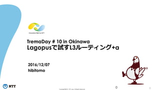 0Copyright©2016 NTT corp. All Rights Reserved.
TremaDay # 10 in Okinawa
Lagopusで試すL3ルーティング+α
2016/12/07
hibitomo
0
 