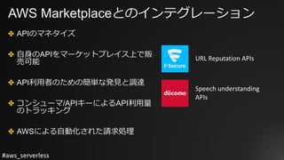 #aws_serverless
AWS Marketplaceとのインテグレーション
✤ APIのマネタイズ
✤ ⾃⾝のAPIをマーケットプレイス上で販
売可能
✤ API利⽤者のための簡単な発⾒と調達
✤ コンシューマ/APIキーによるAPI利⽤量
のトラッキング
✤ AWSによる⾃動化された請求処理
URL	Reputation	APIs
Speech	understanding	
APIs
 