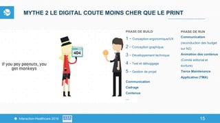 15Interaction-Healthcare 2016 15
MYTHE 2 LE DIGITAL COUTE MOINS CHER QUE LE PRINT
PHASE DE BUILD
1 - Conception ergonomique/UX
2 - Conception graphique
3 - Développement technique
4 - Test et débuggage
5 - Gestion de projet
Communication
Cadrage
Contenus
…
PHASE DE RUN
Communication
(reconduction des budget
sur N2)
Animation des contenus
(Comité éditorial et
écriture)
Tierce Maintenance
Applicative (TMA)
 