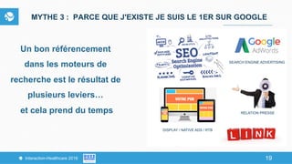 19Interaction-Healthcare 2016 19
MYTHE 3 : PARCE QUE J'EXISTE JE SUIS LE 1ER SUR GOOGLE
Un bon référencement
dans les moteurs de
recherche est le résultat de
plusieurs leviers…
et cela prend du temps
DISPLAY / NATIVE ADS / RTB
SEARCH ENGINE ADVERTISING
RELATION PRESSE
 