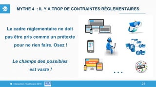 23Interaction-Healthcare 2016 23
MYTHE 4 : IL Y A TROP DE CONTRAINTES RÉGLEMENTAIRES
Le cadre réglementaire ne doit
pas être pris comme un prétexte
pour ne rien faire. Osez !
Le champs des possibles
est vaste ! …
 