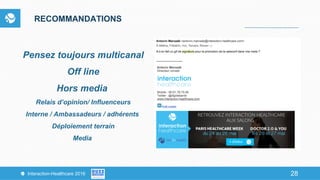 28Interaction-Healthcare 2016 28
RECOMMANDATIONS
Pensez toujours multicanal
Off line
Hors media
Relais d’opinion/ Influenceurs
Interne / Ambassadeurs / adhérents
Déploiement terrain
Media
 