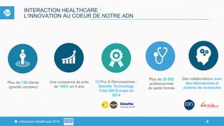 4Interaction-Healthcare 2016 4
INTERACTION HEALTHCARE :
L’INNOVATION AU COEUR DE NOTRE ADN
Plus de 20 000
professionnels
de santé formés
Une croissance de près
de 100% en 4 ans
Plus de 130 clients
(grands comptes)
12 Prix & Récompenses :
Deloitte Technology
Fast 500 Europe en
2014
Des collaborations avec
des laboratoires et
centres de recherche
 
