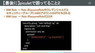 29【最後に】piculetで困ってること２
• IAM Role → Role のassumeRoleのクレデンシャルだと
セキュリティーグル−プにAWSアカウントIDが付与される
• IAM User → Role のassumeRoleだとOK
security_group "ueki-default-sg" do
description "ssh and http"
ingress do
permission :any do
groups(
["123456789012", "sg-63b4510c"]
)
end
end
end
 