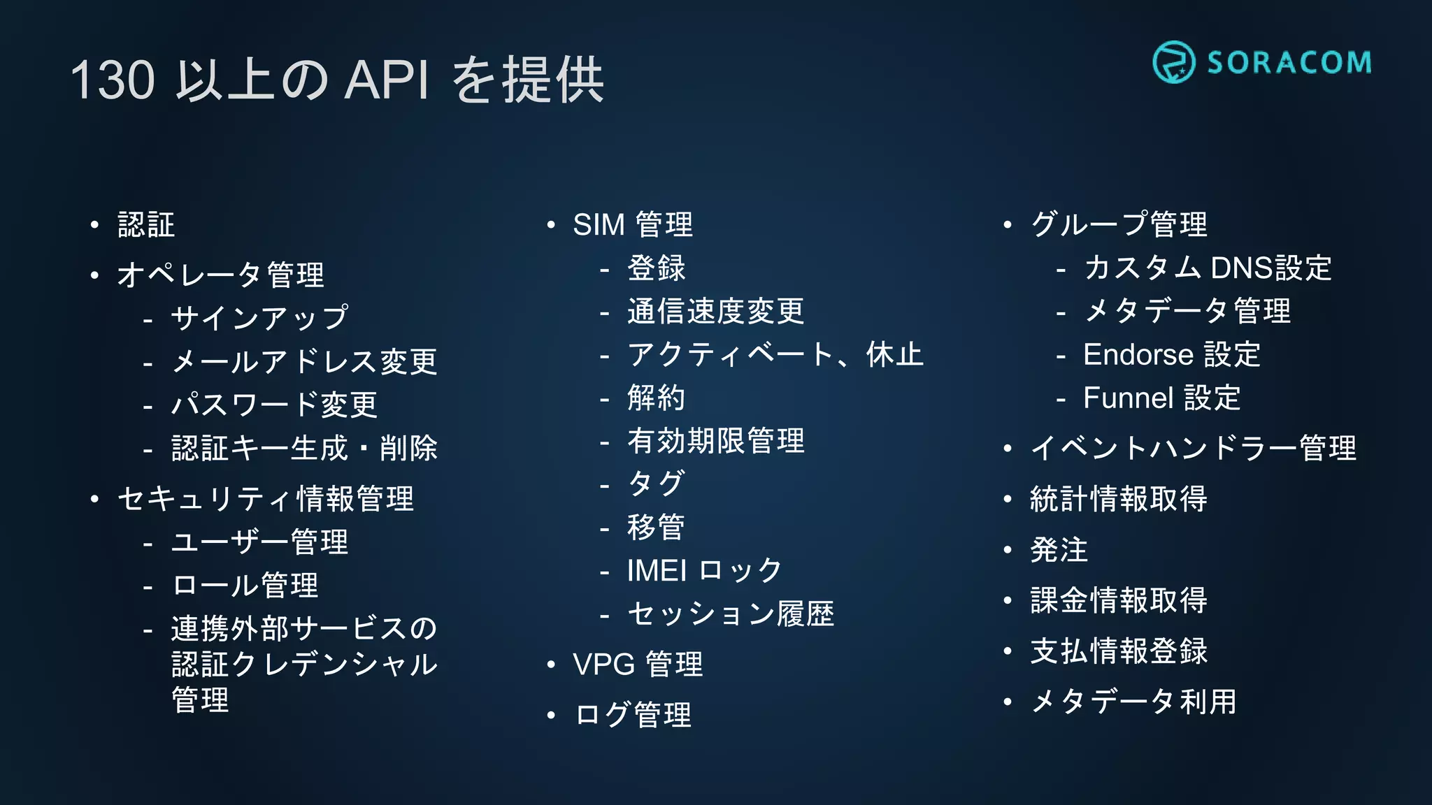 • グループ管理
- カスタム DNS設定
- メタデータ管理
- Endorse 設定
- Funnel 設定
• イベントハンドラー管理
• 統計情報取得
• 発注
• 課金情報取得
• 支払情報登録
• メタデータ利用
130 以上の API を提供
• 認証
• オペレータ管理
- サインアップ
- メールアドレス変更
- パスワード変更
- 認証キー生成・削除
• セキュリティ情報管理
- ユーザー管理
- ロール管理
- 連携外部サービスの
認証クレデンシャル
管理
• SIM 管理
- 登録
- 通信速度変更
- アクティベート、休止
- 解約
- 有効期限管理
- タグ
- 移管
- IMEI ロック
- セッション履歴
• VPG 管理
• ログ管理
 