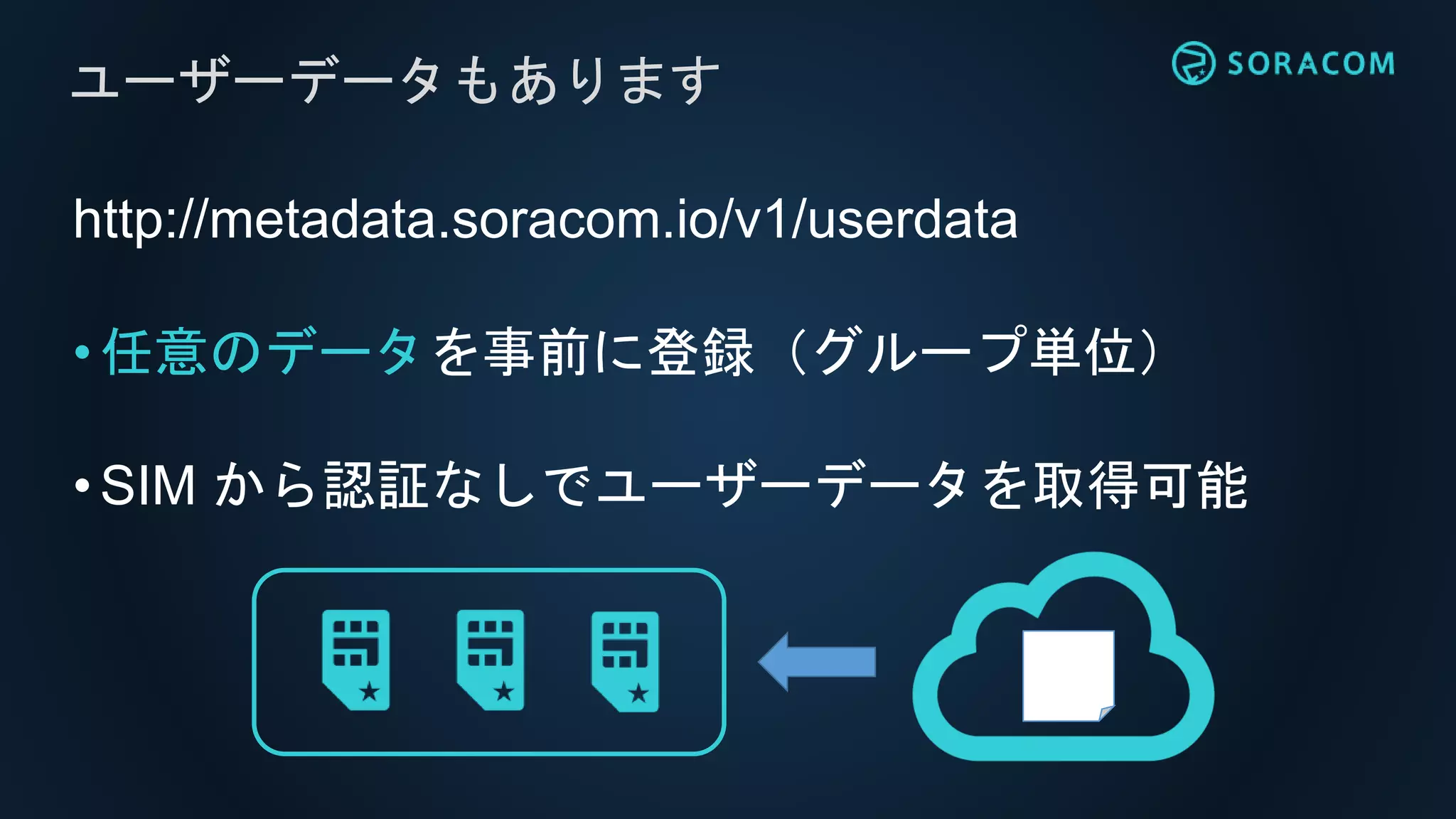 http://metadata.soracom.io/v1/userdata
•任意のデータを事前に登録（グループ単位）
•SIM から認証なしでユーザーデータを取得可能
ユーザーデータもあります
 