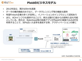 20
© Money Forward Inc. All Rights Reserved
• 2012年設立、累計$59mを調達
• データの集約機能のみでなく、データクレンジング等の機能も提供
• 有望Fintech企業の多くが活用し、イノベーションのインフラとして認知あり
• また、ACHインフラも提供することで、例えば銀行口座からの即時入金も可能
としている。例えば、Robinhood等の投資アプリがPlaidの口座振り込みAPIを
利用することで、50%近い入金率を達成する等、アクティベーションの要に
Plaidのビジネスモデル
銀行
取引データ・各種機能
管理
・顧客データの安全性確保
・サーバーの安定性確保 等
手数料
API
Fintech企業
安全で便利なツールを利用したい
・スクリーンスクレイピングの開発を回避したい
・統合された銀行APIを利用したい
・自前で提携する手間を省きたい
[企業例]
・取引情報の取得
・アカウントの認証
・残高の確認
・ACHの認証（Stripeと協業）等
（出所）Plaid社資料より当社作成
 