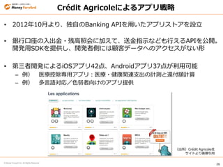 26
© Money Forward Inc. All Rights Reserved
• 2012年10月より、独自のBanking APIを用いたアプリストアを設立
• 銀行口座の入出金・残高照会に加えて、送金指示なども行えるAPIを公開。
開発用SDKを提供し、開発者側には顧客データへのアクセスがない形
• 第三者開発によるiOSアプリ42点、Androidアプリ37点が利用可能
– 例） 医療控除専用アプリ：医療・健康関連支出の計測と還付額計算
– 例） 多言語対応／色弱者向けのアプリ提供
Crédit Agricoleによるアプリ戦略
（出所）Crédit Agricole社
サイトより画像引用
 