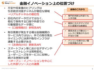 3
© Money Forward Inc. All Rights Reserved
金融イノベーション上の位置づけ
• 専門的判断は外部でも
入手可能
• 個別にカスタマイズさ
れた提案が比較優位
• 意思決定と行動はシー
ムレスに実施されるの
が当たり前
• パソコンも使わない層
が経済圏の大半
金融のこれから
• 不安や将来像のヒアリングは
引き続き対面チャネルが優位な領域
→リアルチャネルの優位性
• 自社内のデータだけではなく、
他社で保有する口座や外部での
行動履歴もデータ源に
→（口座情報の）参照系API
• 取引需要が発生する場は金融機関の
サービス内ではない。外での取引発生
タイミングに決済や取引インフラが
連動する必要がある
→（決済向けの）更新系API
• スマートフォン等におけるデザインや
サービストレンドは常時変化。
ユーザーニーズをサービスに反映し
続ける体制が必要
→オープン・イノベーションを中心に
した外部リソースとの連携
 