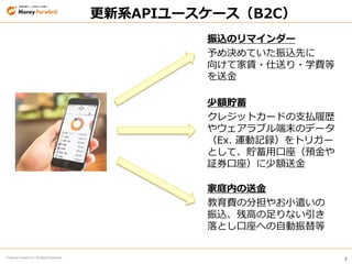 7
© Money Forward Inc. All Rights Reserved
更新系APIユースケース（B2C）
振込のリマインダー
予め決めていた振込先に
向けて家賃・仕送り・学費等
を送金
少額貯蓄
クレジットカードの支払履歴
やウェアラブル端末のデータ
（Ex. 運動記録）をトリガー
として、貯蓄用口座（預金や
証券口座）に少額送金
家庭内の送金
教育費の分担やお小遣いの
振込、残高の足りない引き
落とし口座への自動振替等
 